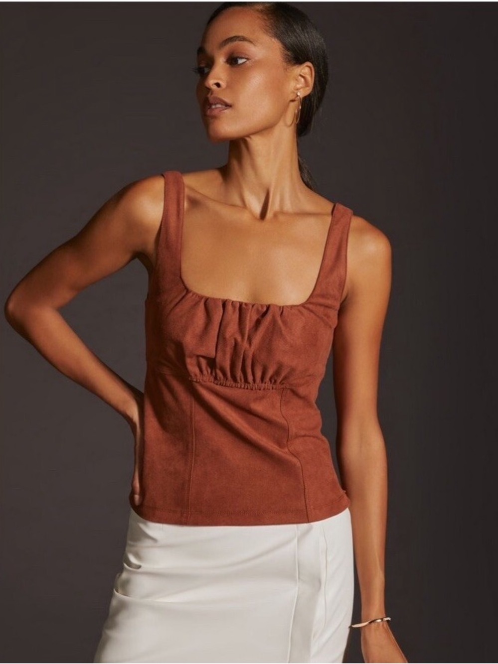 Pilcro Brown Faux Suede Square-Neck Tank with Gathered Bust